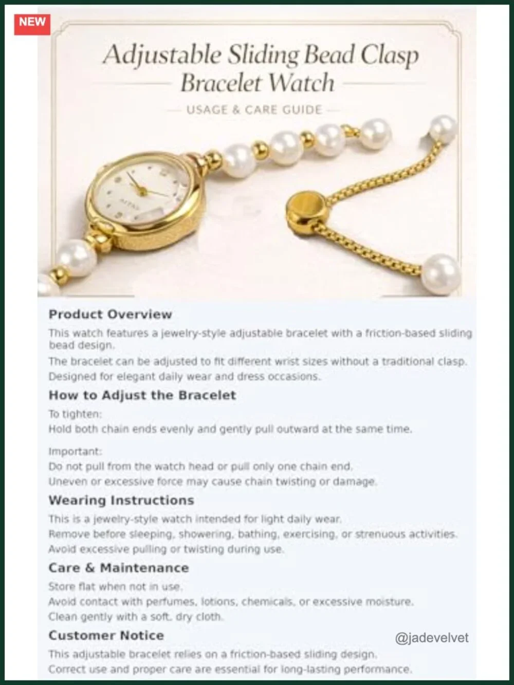 Pearl Bracelet Watch Petite 22mm Dial Adjustable Slider Clasp